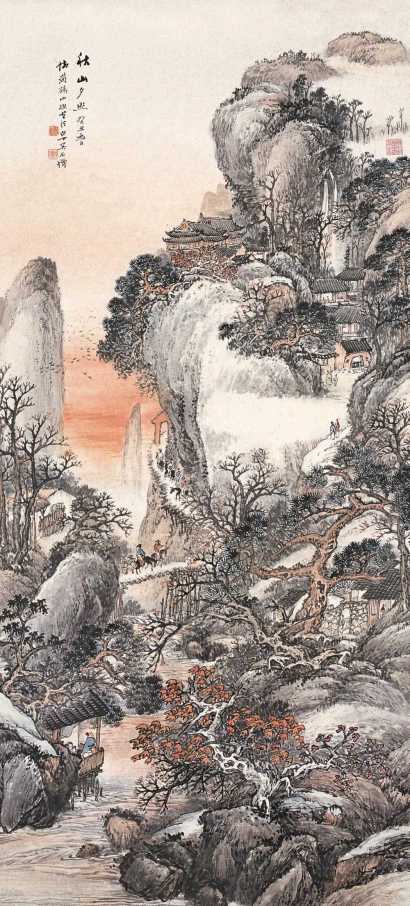 吴石僊 癸丑（1913年）作 秋山夕照 镜心